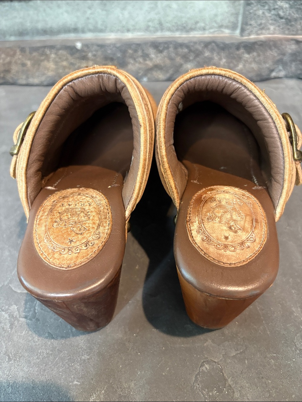 Ariat Tan Distressed Leather Buckle Clog Mules with Wood Sole - Picture 7 of 11